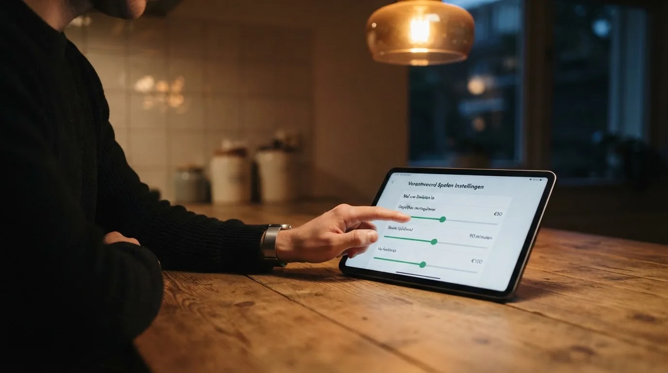 Een persoon bekijkt rustig instellingen voor speellimieten op een tablet aan een keukentafel in de avond.